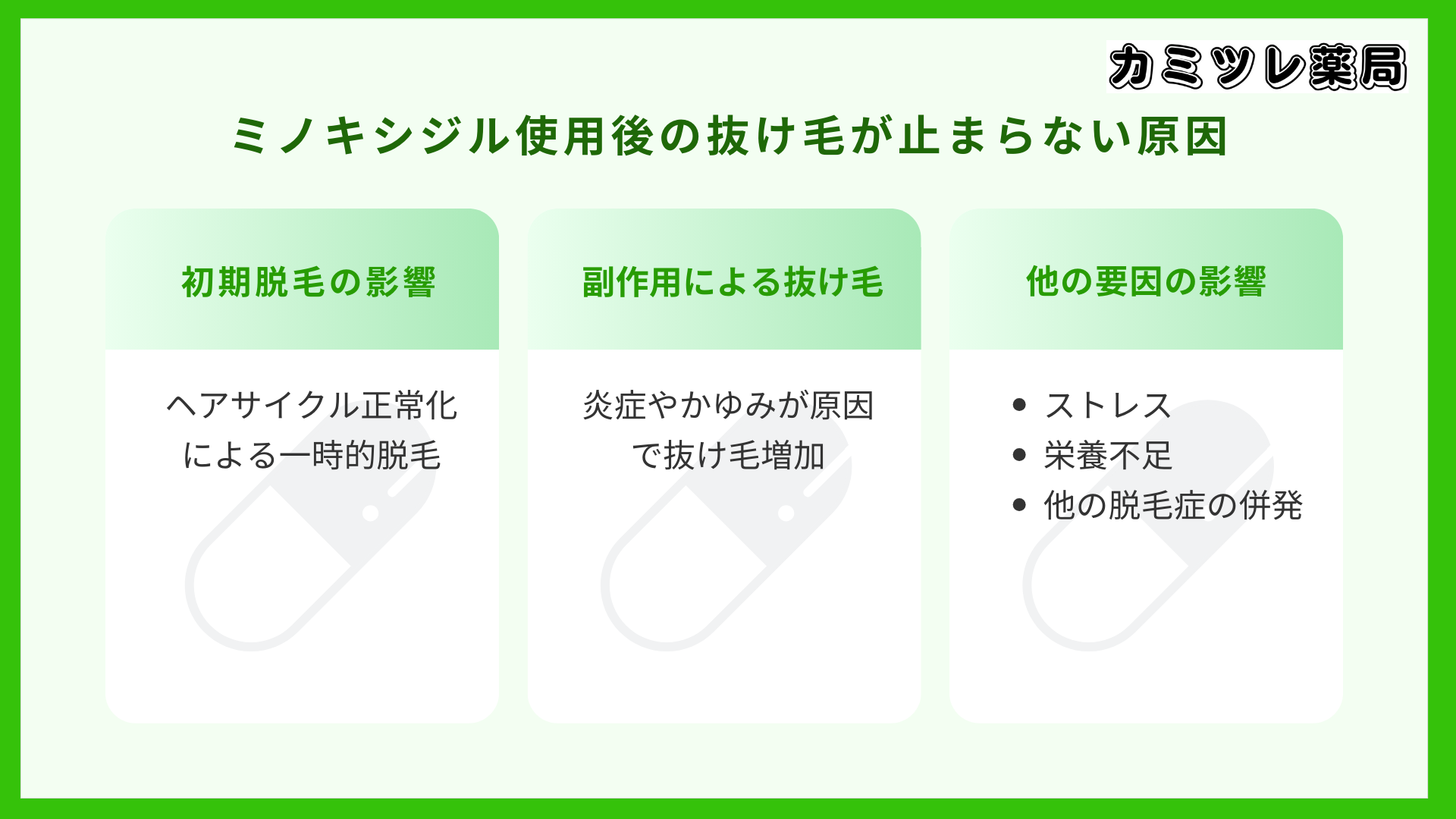 ミノキシジル使用後の抜け毛が止まらない主な原因の画像